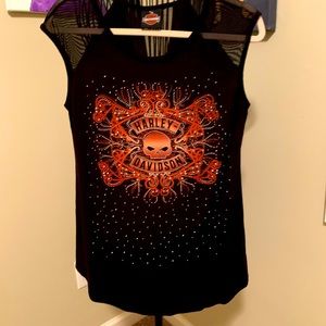 Black Rhinestone Harley Davidson Sheer Sleeve Top